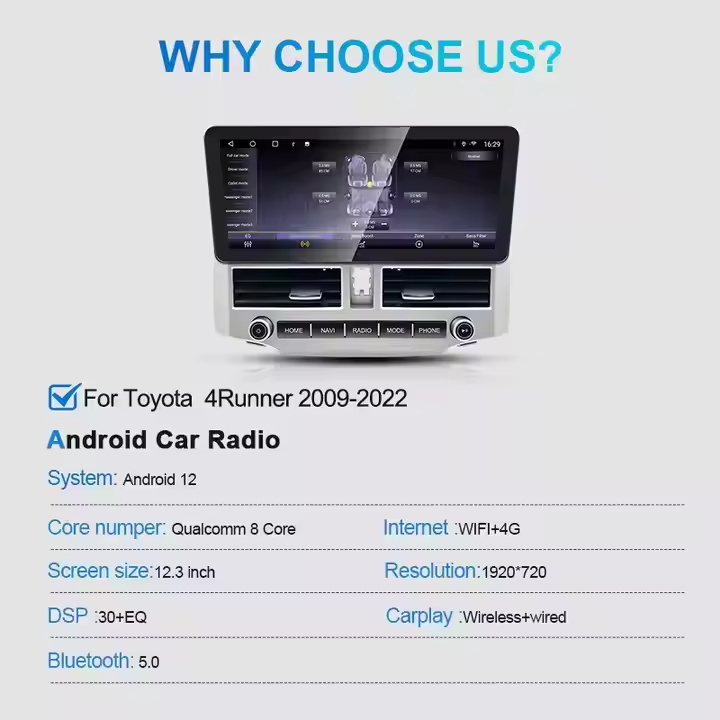 Autoradio Android 12.3 Pollici Per Toyota 4Runner 2009-2022 – Touchscreen HD, CarPlay Wireless, GPS, WiFi, Bluetooth, Telecamera Posteriore Inclusa